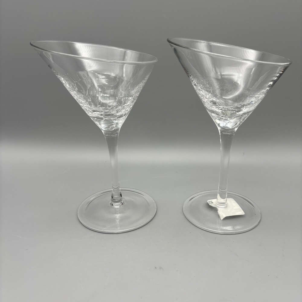 PIER‎ 1 Angled Rim Crackle Martini Glasses 7.25" Cocktail Hand-Blown Clear Set 2